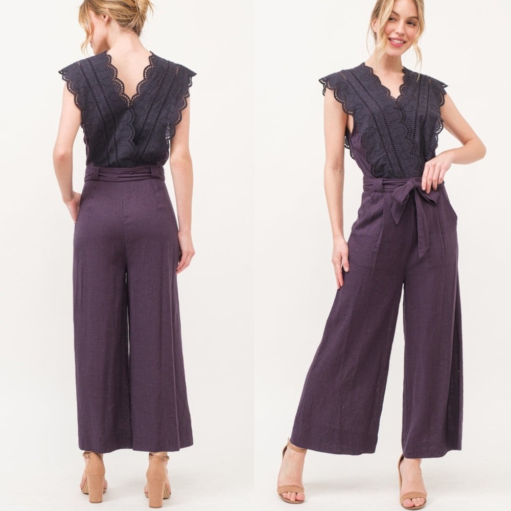 Andthewhy Indigo Eyelet Lace Trim Linen Belted‎ Jumpsuit Women's Size Large NEW